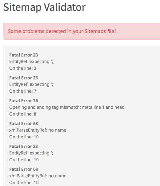 seoptimer Sitemap-Validator zeigt Fehler-Screenshot